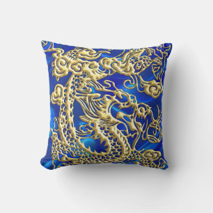 Embossed Gold Dragon on BlueSatin Print Cushion