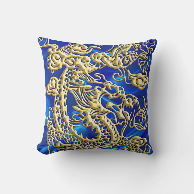 Embossed Gold Dragon on BlueSatin Print Cushion (Front)