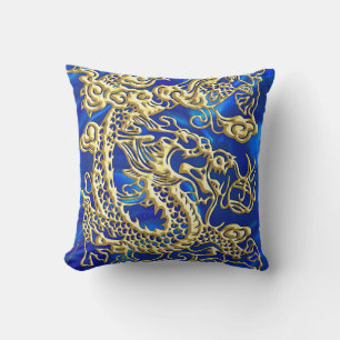 Embossed Gold Dragon on BlueSatin Print Cushion