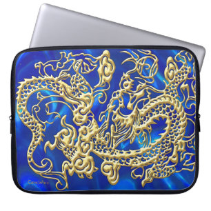 Embossed Gold Dragon on BlueSatin Print Laptop Sleeve