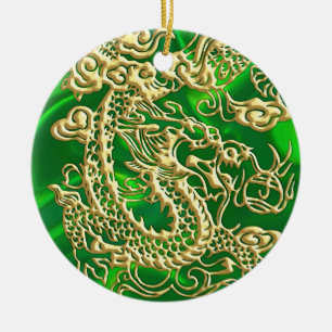 Embossed Gold Dragon on Green Satin Ceramic Tree Decoration