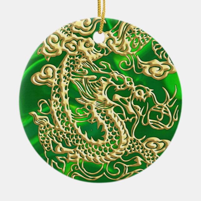 Embossed Gold Dragon on Green Satin Ceramic Tree Decoration (Front)