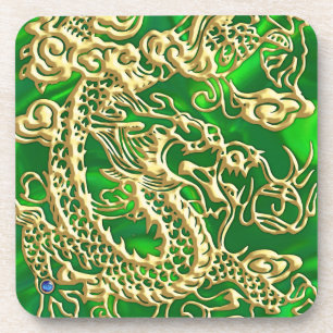 Embossed Gold Dragon on Green Satin Print Coaster