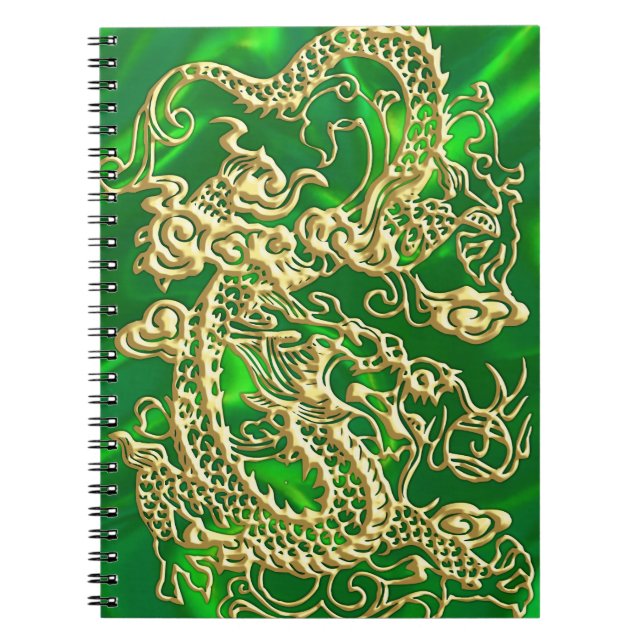 Embossed Gold Dragon on Green Satin print Notebook (Front)