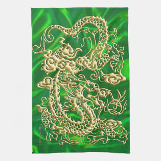 Embossed Gold Dragon on Green Satin Print Tea Towel