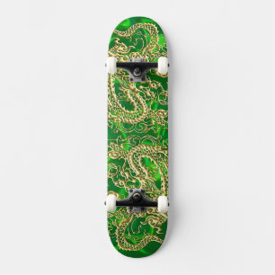 Embossed Gold Dragon on Green Satin Skateboard