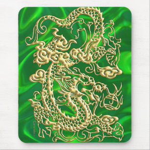 Embossed Gold Dragon on Green Satin Textured Print Mouse Mat