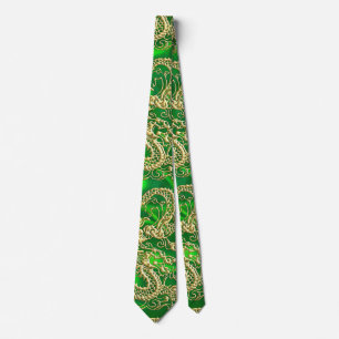 Embossed Gold Dragon on Green Satin Tie