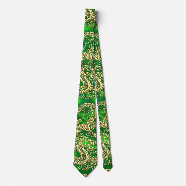 Embossed Gold Dragon on Green Satin Tie (Front)