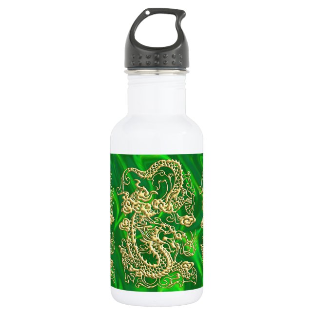 Embossed Gold Dragon on GreenSatin Print 532 Ml Water Bottle (Front)