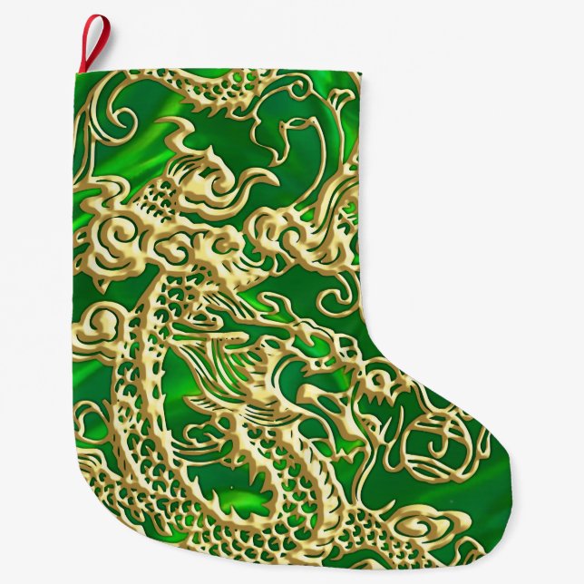 Embossed Gold Dragon on GreenSatin Print Large Christmas Stocking (Front)