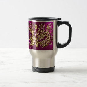 Embossed Gold Dragon on Magenta Satin Travel Mug