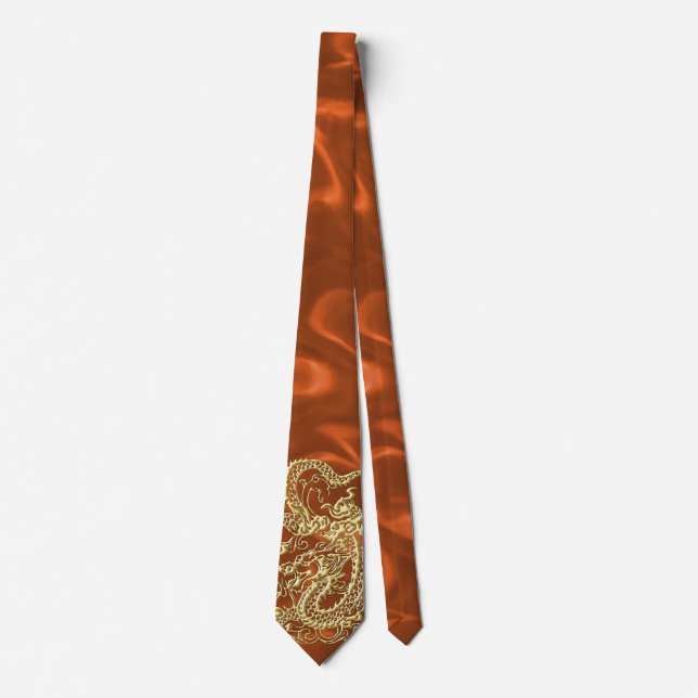 Embossed Gold Dragon on Orange Satin Print Tie (Front)
