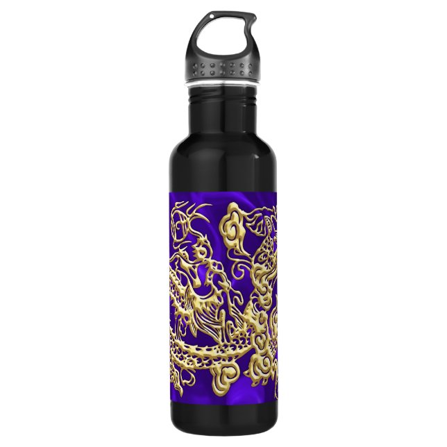 Embossed Gold Dragon on Purple Satin Print 710 Ml Water Bottle (Front)