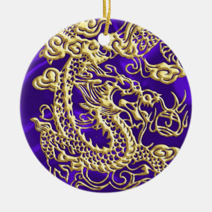 Embossed Gold Dragon on Purple Satin Print Ceramic Tree Decoration
