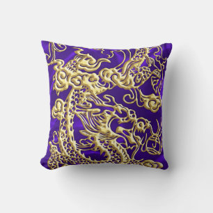 Embossed Gold Dragon on Purple Satin Print Cushion