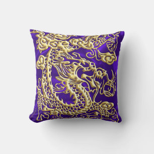 Embossed Gold Dragon on Purple Satin Print Cushion