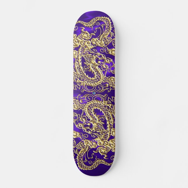Embossed Gold Dragon on Purple Satin Print Skateboard (Front)