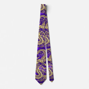 Embossed Gold Dragon on Purple Satin Print Tie
