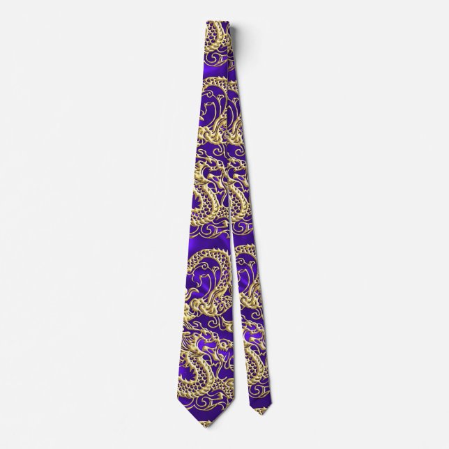 Embossed Gold Dragon on Purple Satin Print Tie (Front)