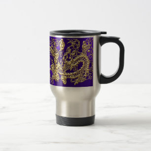Embossed Gold Dragon on Purple Satin Print Travel Mug