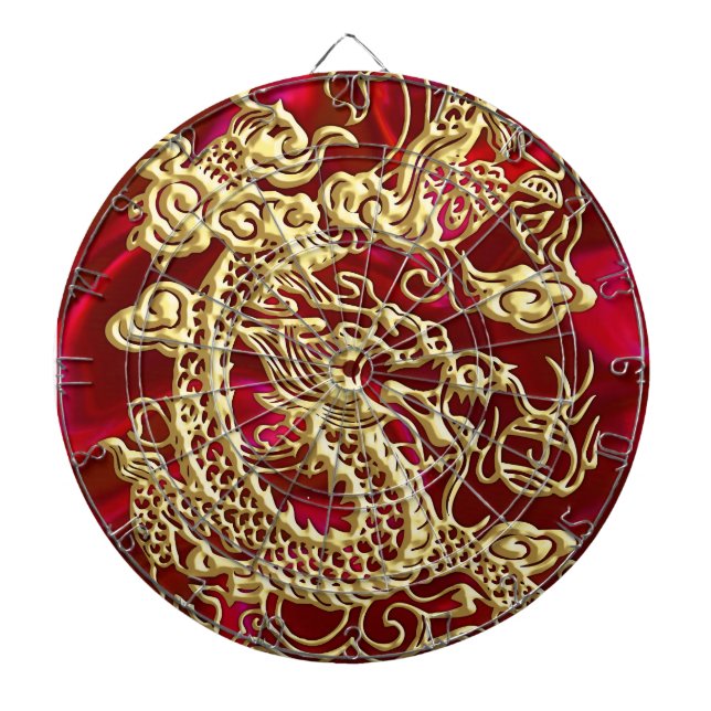 Embossed Gold Dragon on Red Satin Print Dartboard (Front)