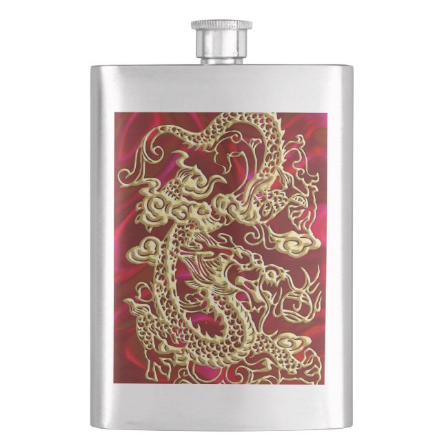Embossed Gold Dragon on Red Satin Print Hip Flask (Front)