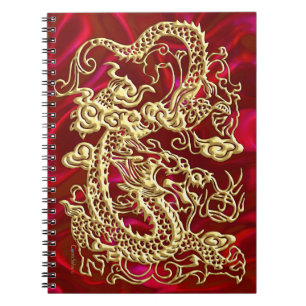 Embossed Gold Dragon on Red Satin Print Notebook