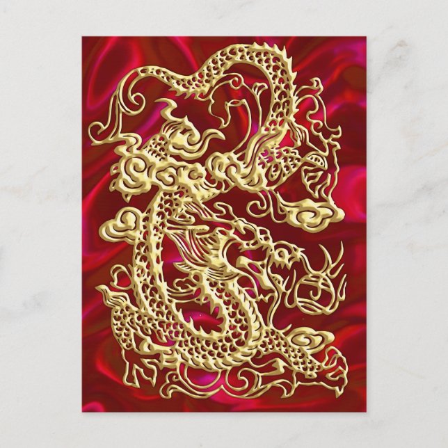 Embossed Gold Dragon on Red Satin Print Postcard (Front)