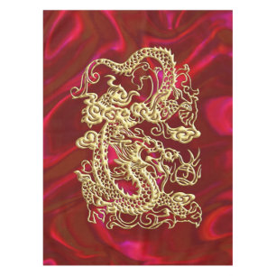 Embossed Gold Dragon on Red Satin Print Tablecloth