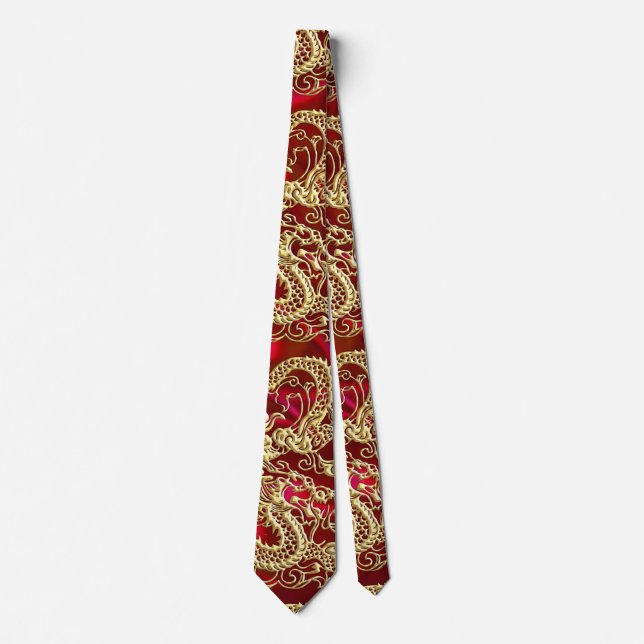 Embossed Gold Dragon on Red Satin Print Tie (Front)
