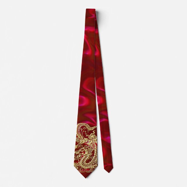 Embossed Gold Dragon on Red Satin Print Tie (Front)