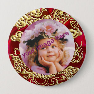 Embossed Gold Dragon on Red Satin Texture Print 10 Cm Round Badge