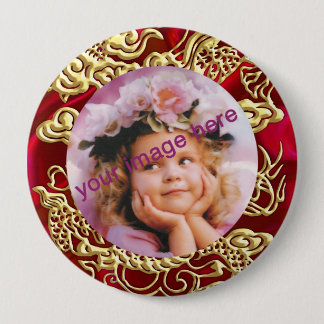 Embossed Gold Dragon on Red Satin Texture Print 10 Cm Round Badge