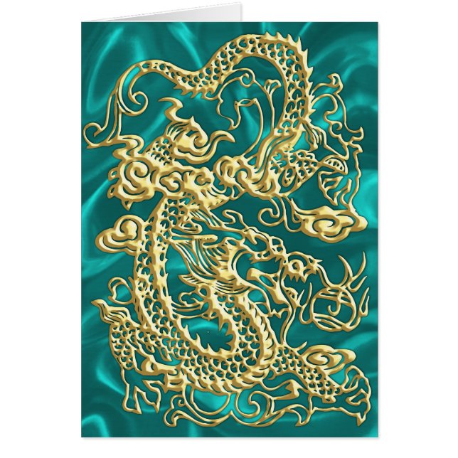 Embossed Gold Dragon on Turquoise Satin Print (Front)