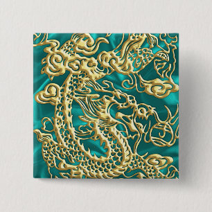 Embossed Gold Dragon on Turquoise Satin Print 15 Cm Square Badge