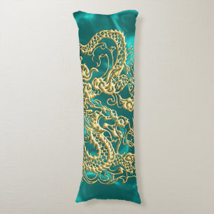 Embossed Gold Dragon on Turquoise Satin Print Body Cushion