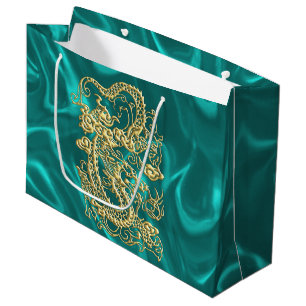 Embossed Gold Dragon on Turquoise Satin Print Large Gift Bag