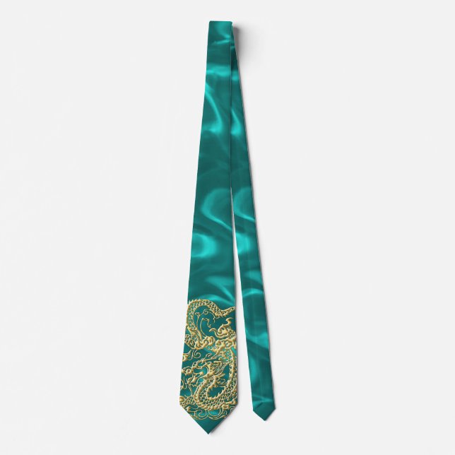 Embossed Gold Dragon on Turquoise Satin Print Tie (Front)