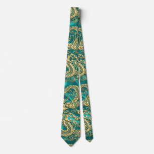 Embossed Gold Dragon on Turquoise Satin Print Tie