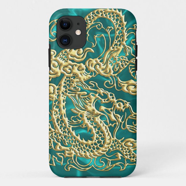 Embossed Gold Dragon Turquoise Satin iPhone Case (Back)
