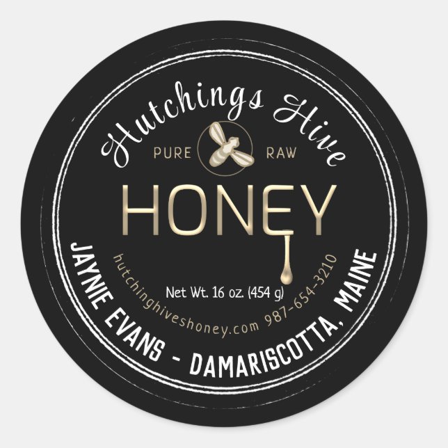 Embossed Gold Dripping Honey and Bee Double Border Classic Round Sticker (Front)