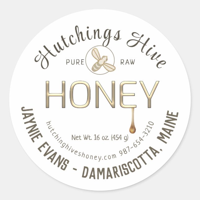 Embossed Gold Dripping Honey with Bee Script Label (Front)