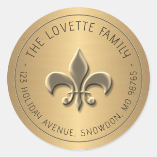 Embossed Gold Fleur de Lis Holiday Return Address Classic Round Sticker