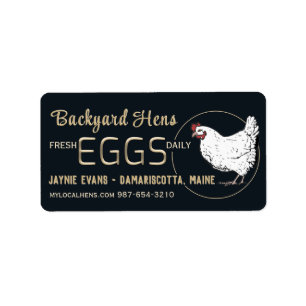 Embossed Gold Fresh Eggs White Hen on Black Label