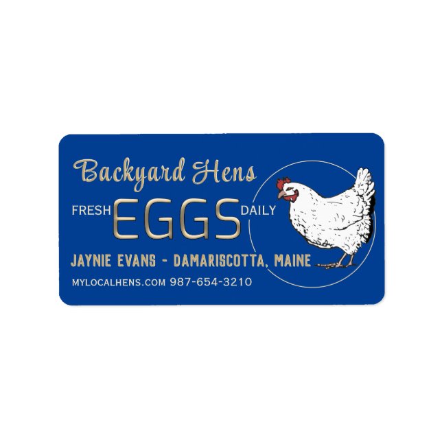 Embossed Gold Fresh Eggs White Hen on Blue  Label (Front)