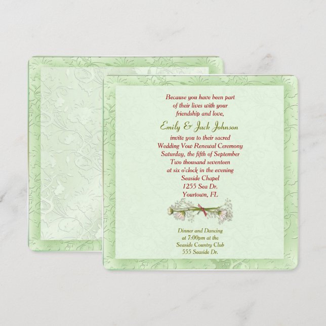 Embossed Green Wedding Vow Renewal Invitation (Front/Back)