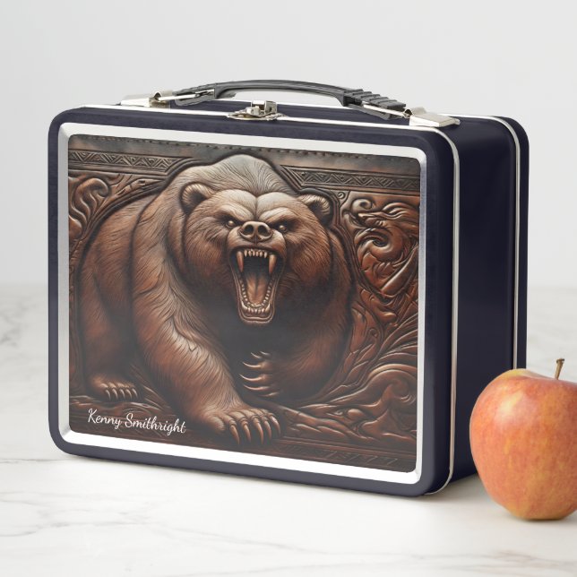 Embossed Grizzly: Strength in Leather Metal Lunch Box (In Situ)