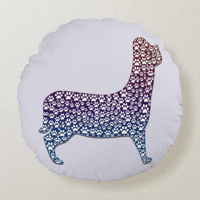 Embossed Indigo Gradient Paw Print Dog Outline Round Cushion (Front)
