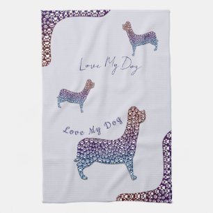 Embossed Indigo Gradient Paw Print Dog Outline Tea Towel